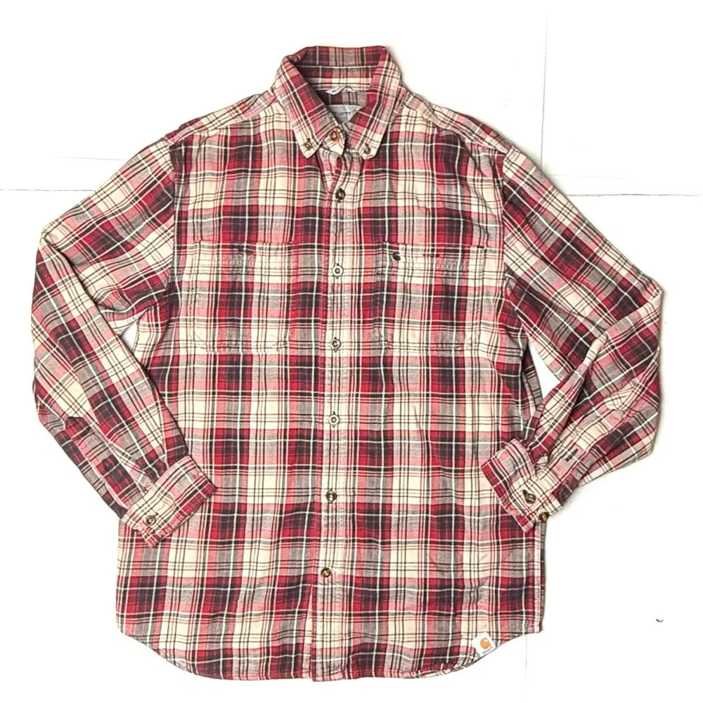 Carhartt Mens Medium Flannel Long Sleeve Shirt Plaid Red 100% Cotton Button Down
